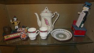 Two painted cast metal money boxes together with a Spode Provence pattern dish a Mason's ironstone