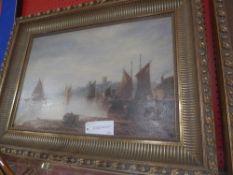 An oil on canvas French coastal scene with boats on the shore signed Cox bottom left in heavy curved