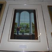 A limited edition lithograph by Graham Bannister of a view through a window 140/200 signed and dated