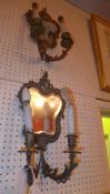 A pair of C19th gilt metal Girandoles with bevelled  shaped plates and twin sconces