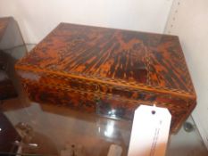 A late C19th rectangular form tortoiseshell work box with fitted interior with bone and ebony inlay