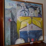 A large oil on canvas by Linda Sutton grotesque figures in a Rolls Royce