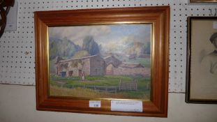 An oil on board farm scene by Elsie Gladstanes (RBA) of a cowshed at Coverham Abbey
