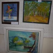 A pair of oil on board, one of a still life of flowers, a landscape and another [3]