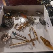 A collection of hallmarked gold and silver jewellery including gold and seed pearl mourning brooch a