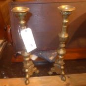 A pair of brass pricket candlesticks on