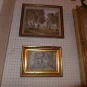 An oil on board of a cabin amongst some