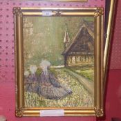 A mixed media oil on board abstract of figures beside a church H 38 x w 20 cm