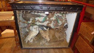A taxidermy diorama in glass display cas