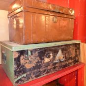 A Victorian brown painted tin trunk toge