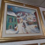An oil on canvas winter snow village sce