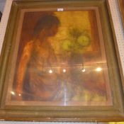 An oil on paper portrait of a lady sitti