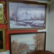 An oil on canvas mountainous lakescape a