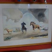 A watercolour depicting wild horses indistinctly signed framed and glazed