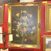 An oil on canvas still life vase of flow