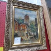 An oil on board continental street scene