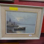 An oil on canvas European moored fishing
