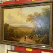 H.B Wills, oil on canvas, figures and cattle within rural landscape, inscribed to verso ''A view