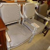 A pair of French grey painted fauteuils with pad backs and seats on fluted supports W 71 D 60 H