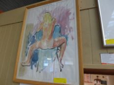 A mixed media portrait of seated nude female monogrammed C.V
