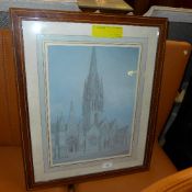 A watercolour pencil sketch of a cathedr