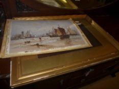 A large colour print of sailing ships in