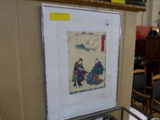 A framed Japanese woodblock print of a theatrical scene ''Hanachirusato'' by Kunisada II
