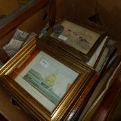 A collection of prints including a pair of hunting prints and a maple framed print of a ship