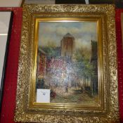 An oil on board continental street scene with figures gilded