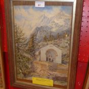 A watercolour landscape of an alpine scene depicting a church with mountain tops to the distance