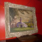 An oil on canvas of ladies in a garden landscape scene, signed indinstinctly, in an ornate