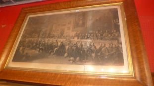 A C19th engraving 'The Waterloo Banquet at Ashley House' seating plan glazed and in good maple frame