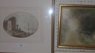 An C18th watercolour after Francesco Guardi of a Venetian lagoon with Roman ruins and figures in the