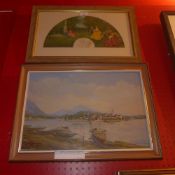 A Watteau Fan from the painting by Dudley Hardy together with an oil on board signed V Miller