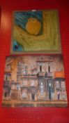 An unframed oil on canvas street scene and an unusual wall plaque with image of an owl