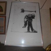 An etching and drypoint of one man carrying another limited edition signed by C.Burns . see
