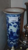 A C19th Chinese blue and white cylindrical form porcelain vase decorated with pictoral reserves