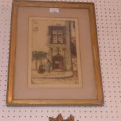 An etching and aquatint of two figures outside a building, Monogrammed and signed indinstinctly,
