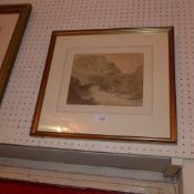 A C19th graphite and sepia wash attributed to John Sell Cottman of a landscape with bridge over a