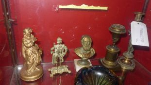 A collection of items including a bronze bust of a gentleman a bronze candlestick in the form of a