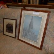 A watercolour pencil sketch of a cathedral framed signed Sagot 68 French