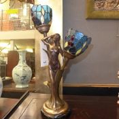 A bronzed Art Deco style lamp with lady relief and shade