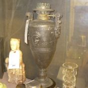 A classical champagne urn spelter lamp base on turned support