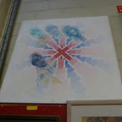 A mixed media canvas by Robin Wiggins titled 'they shall not get old as we ----' with label verso