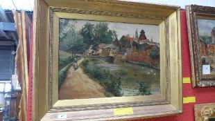 An oil on canvas Dutch canal scene with maiden by J. Henderson