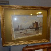 A large colour print of sailing ships in original frame bearing signature T B Hardy 1874 entitled '