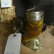 An early Victorian silver mounted snuff mull with later recumbent lion foot, possibly naval
