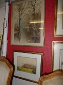 A water colour silver birch lined stream signed Duval and a watercolour coastal town