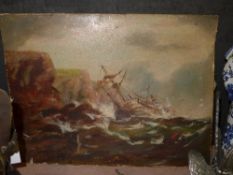 An oil on canvas sailing ship in stormy sea