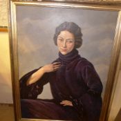A large oil on board of a seated woman in purple dress within silvered moulded frame W 104 H 130 cm
